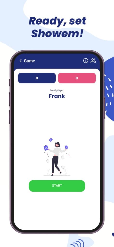 Showem game start screen with team scores and start button