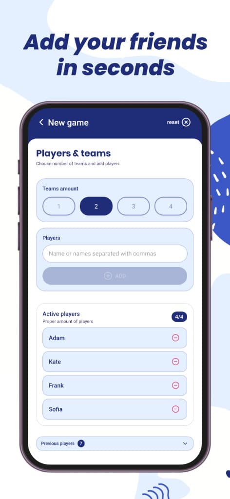 Showem players and teams screen with name entry and active player list