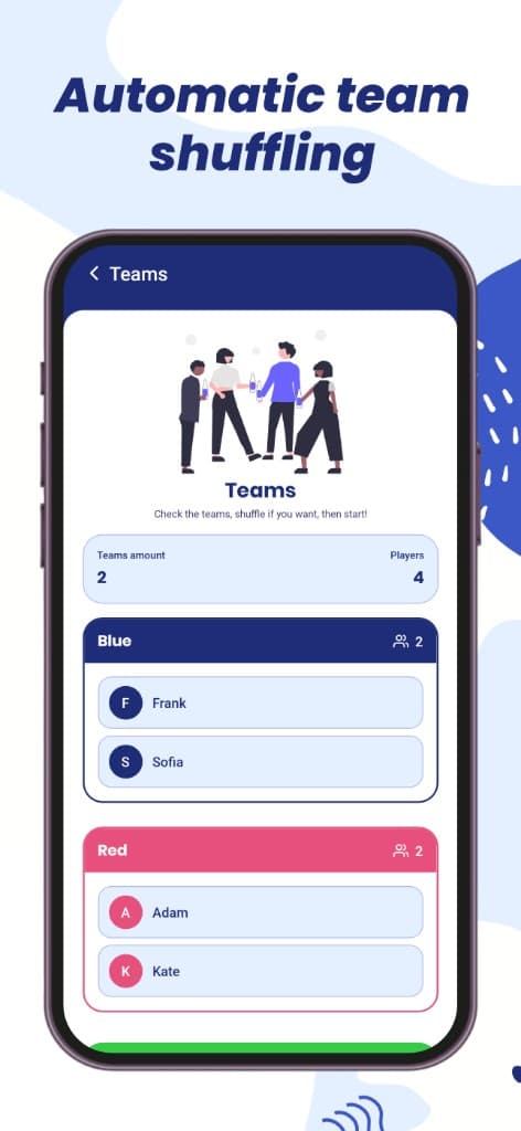Showem teams overview with blue and red groups and player avatars